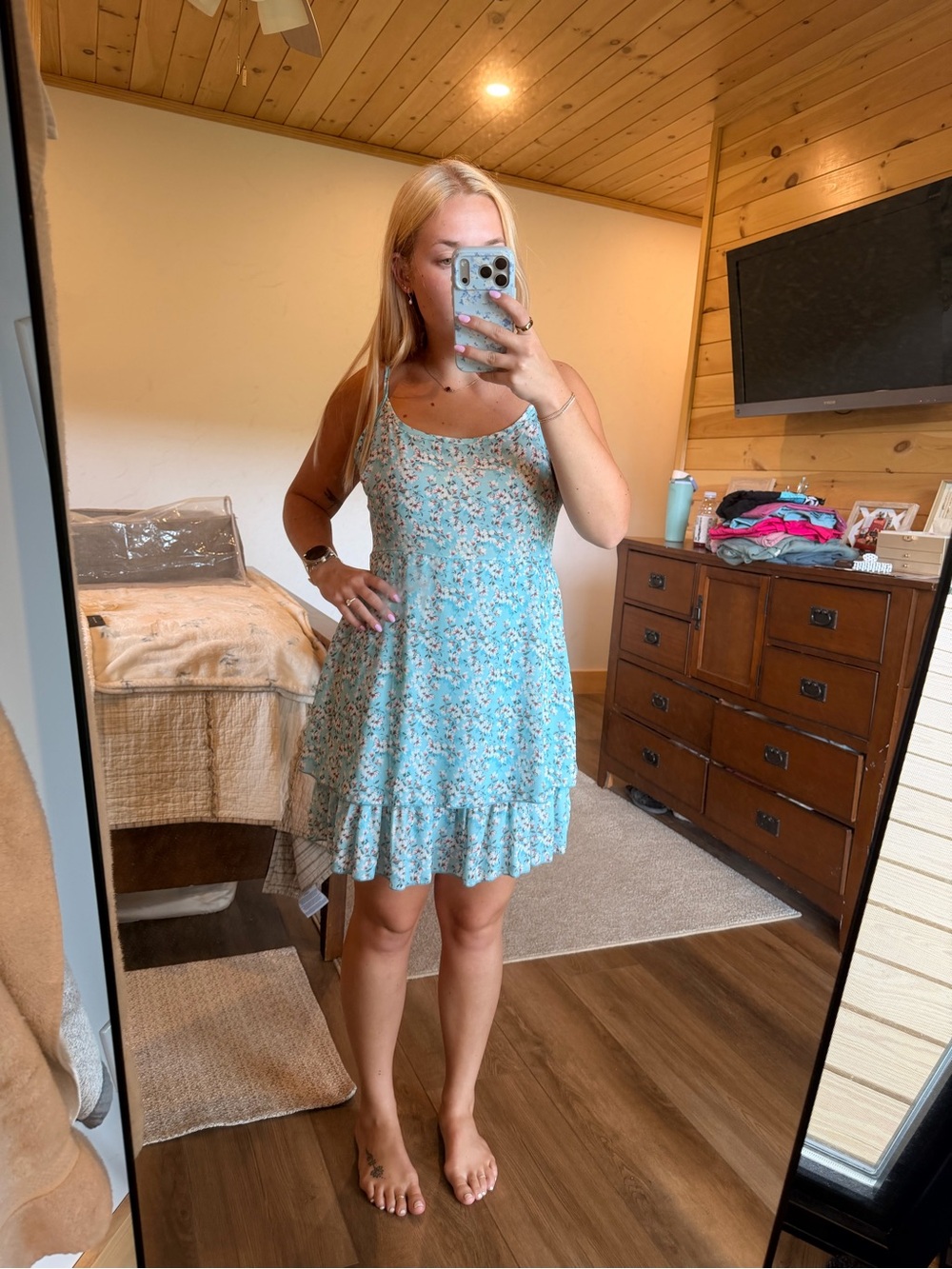 Summer Floral Ruffle Hem Mini Dress in Light Blue